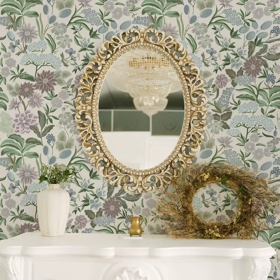 fototapet Flori și frunze pastelate într-o paletă de culori albastru mentă a00642