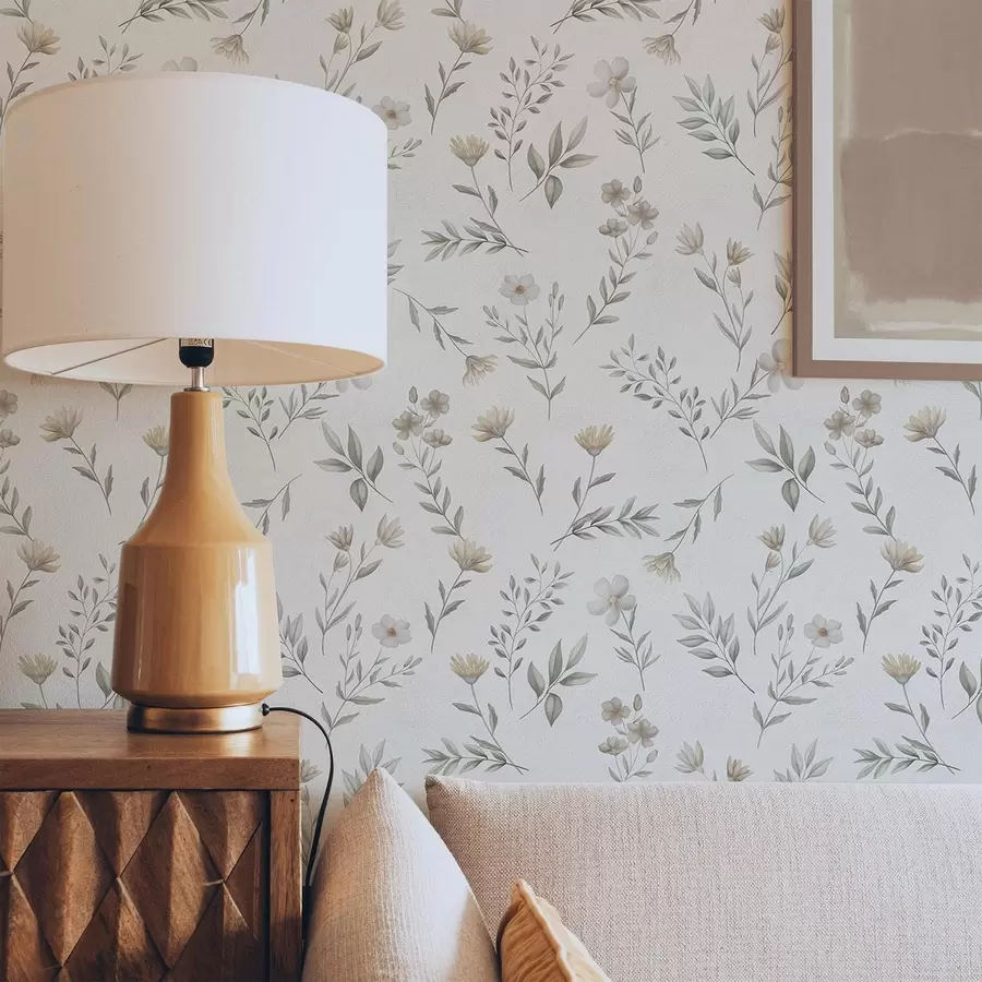 fototapet Ramuri și flori mici pictate în acuarelă pe un fundal deschis a00665