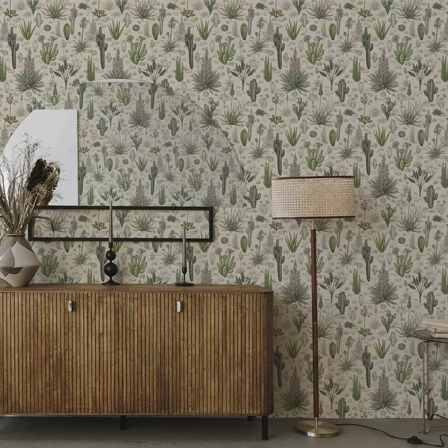 fototapet Cactuși și plante suculente pe un fundal cald, imprimeu detaliat a00666