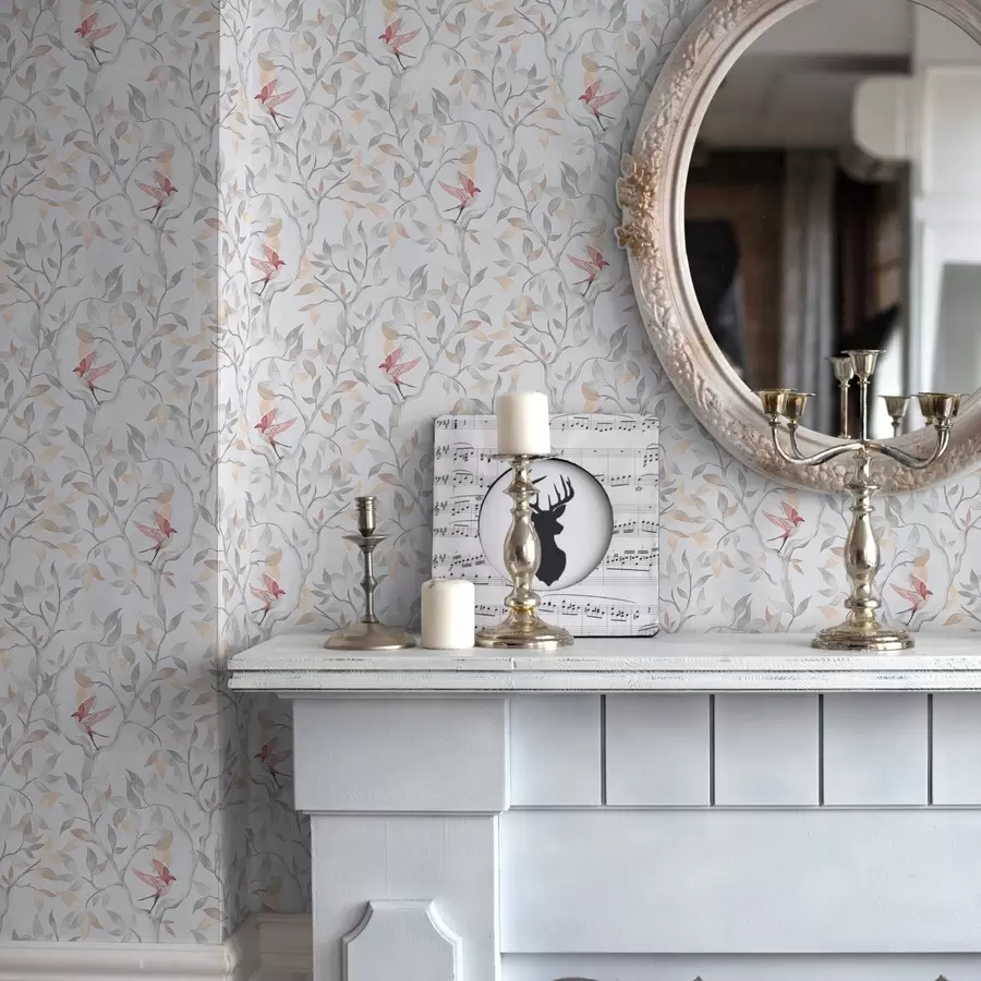 fototapet Ramuri ușoare cu frunze și păsări în nuanțe de piersică a00716