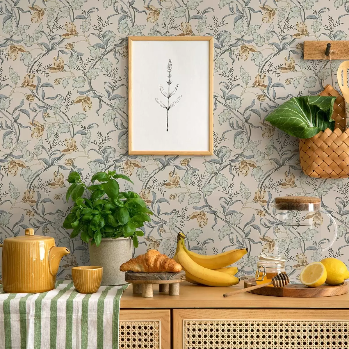 Wallpaper Flori vintage cu frunze albastre pe fond crem a00717