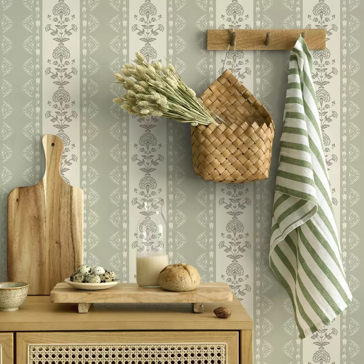 Wallpaper Ornament cu dungi și coloane florale în nuanțe de salvie a00719