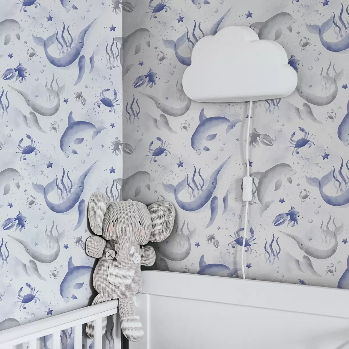 Wallpaper Balenele și delfinii marini în tonuri de albastru pe fond alb a00720v1