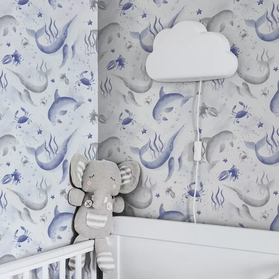 fototapet Balenele și delfinii marini în tonuri de albastru pe fond alb a00720v1