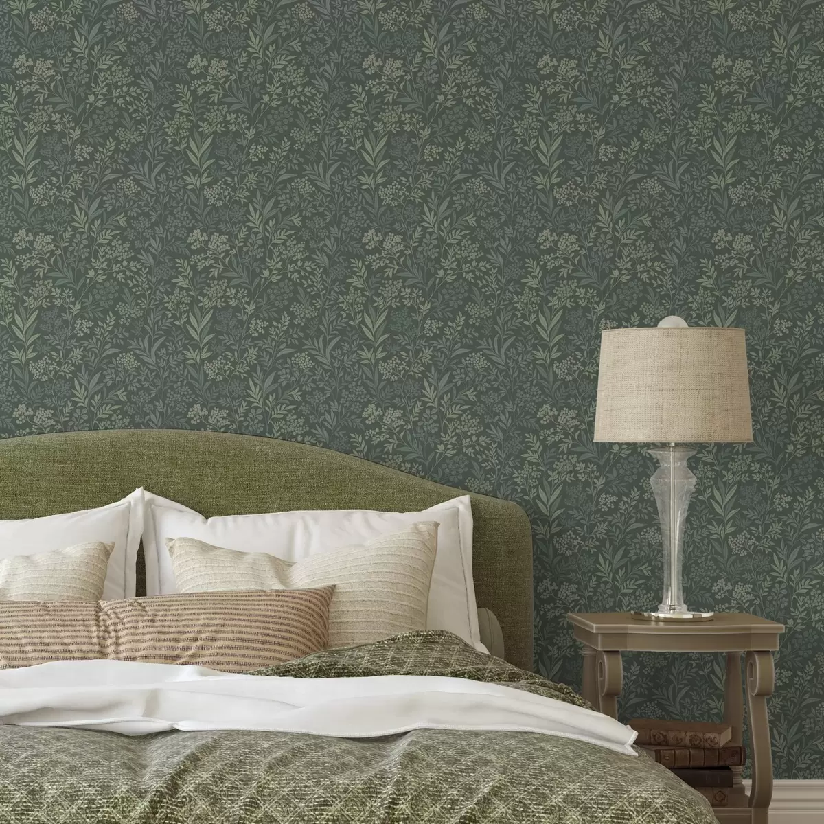 Wallpaper Ierburi și fructe de pădure de smarald, model botanic fin a00740