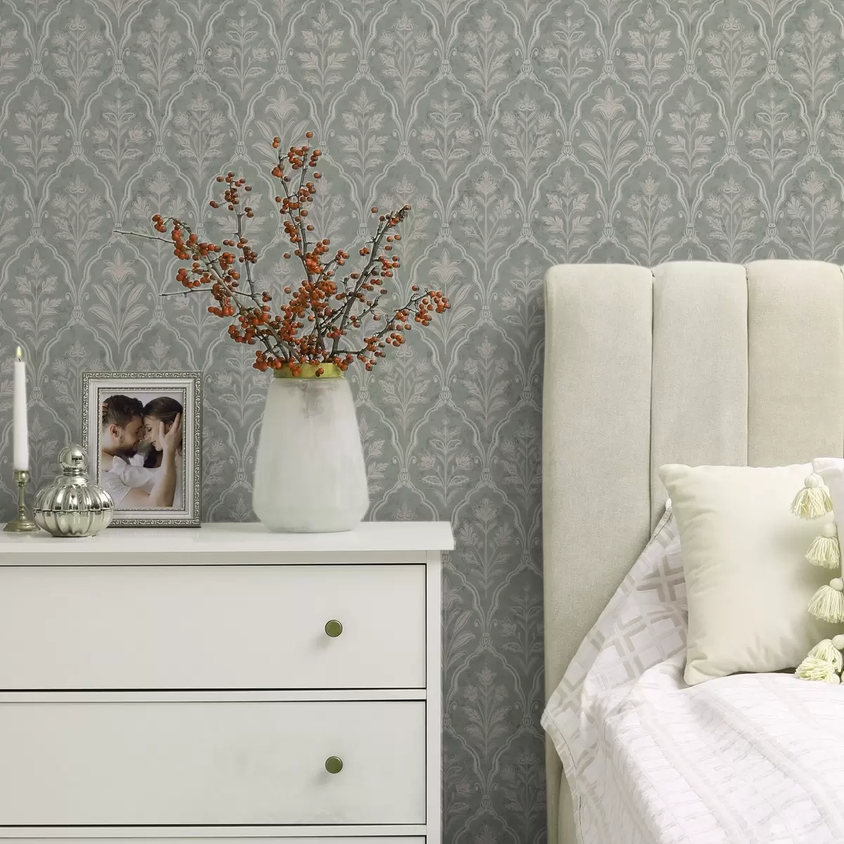 Wallpaper Damasc mentolat cu medalioane florale fine a00741