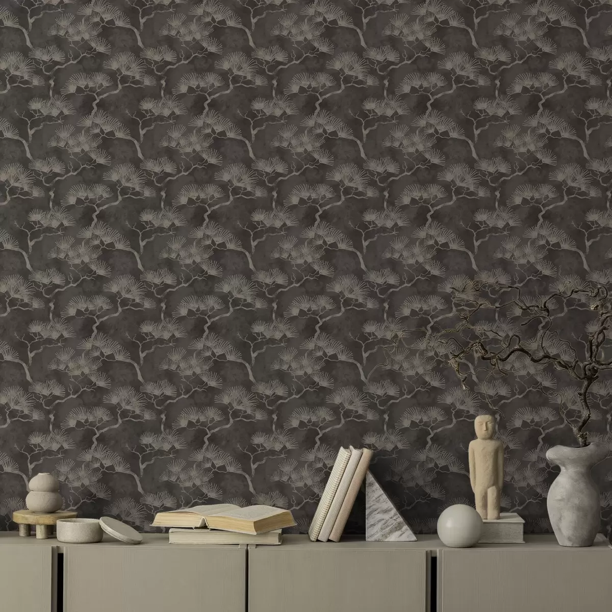 Wallpaper Siluete de pini pe un fundal întunecat, textură ceață a00742