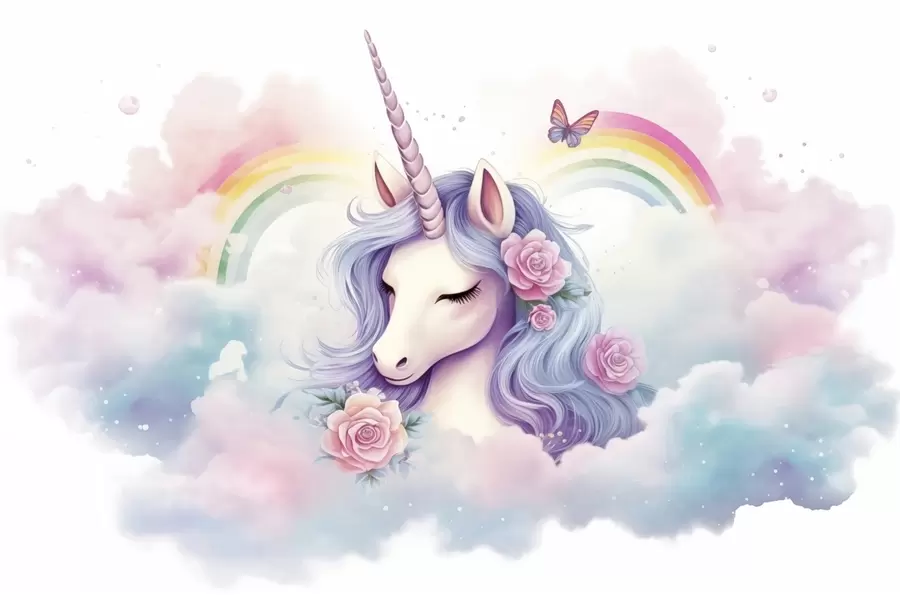 fototapet Unicorn pastelat în nori cu curcubeu și trandafiri w03990
