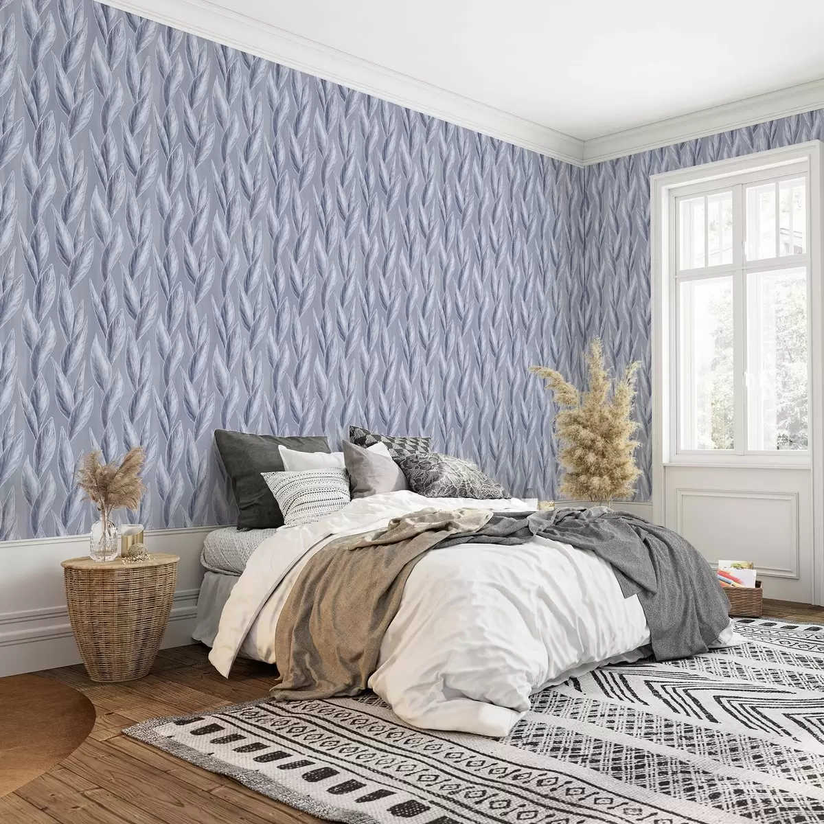 Wallpaper Frunze albastru-argintiu pe fond albastru-cenușiu, model grafic a00627