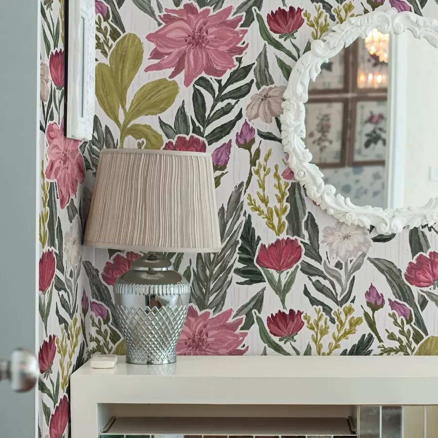 fototapet Flori luxuriante roz și crem pe fond alb, textură impasto a00629v1