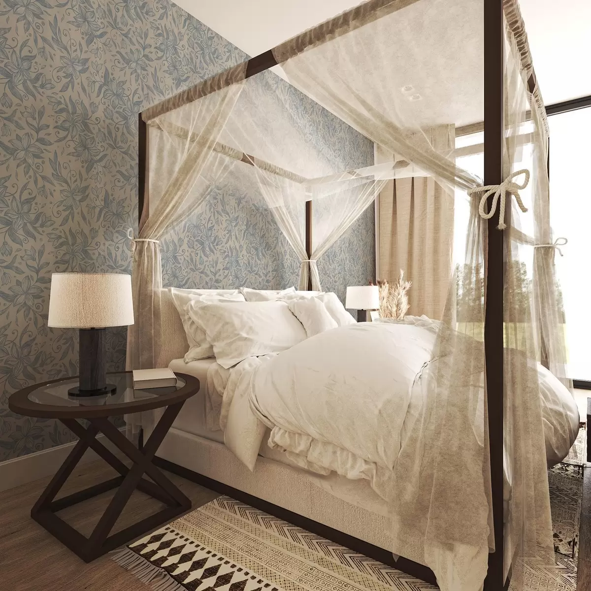 Wallpaper Model floral liniar albastru pe fond bej cald a00630v2