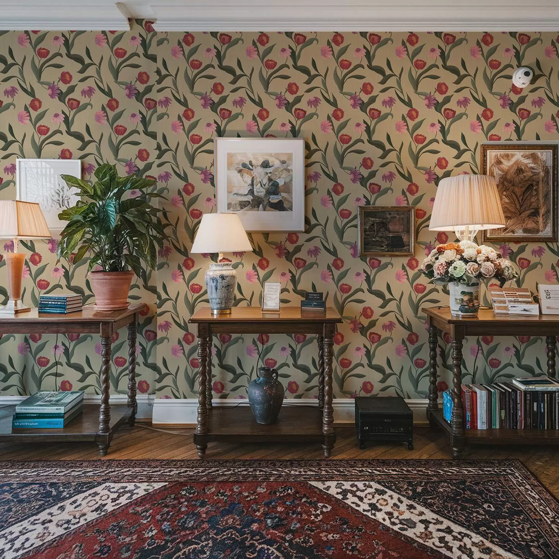 fototapet Flori roz-roșii pe fond bej, textură desenată manual a00631