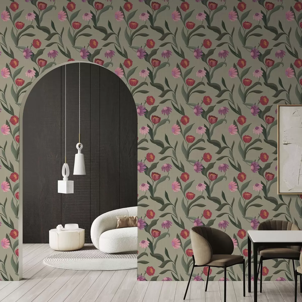 Wallpaper Flori roz-roșii pe fundal măslin, textură pânză a00631v1