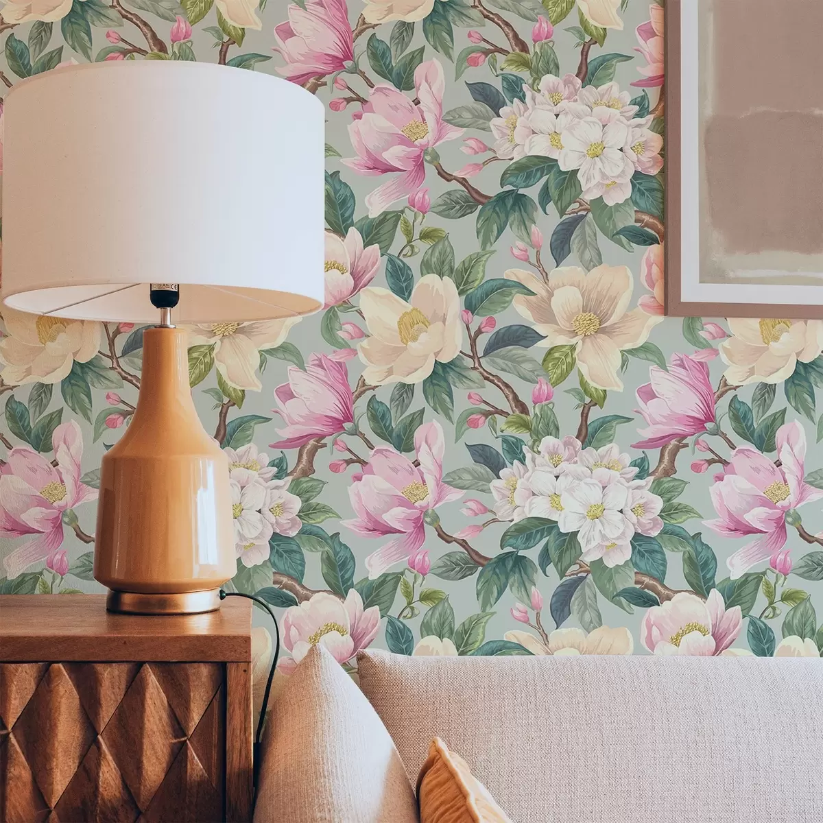 Wallpaper Magnolii și flori albe pe un fundal gri mentă a00644