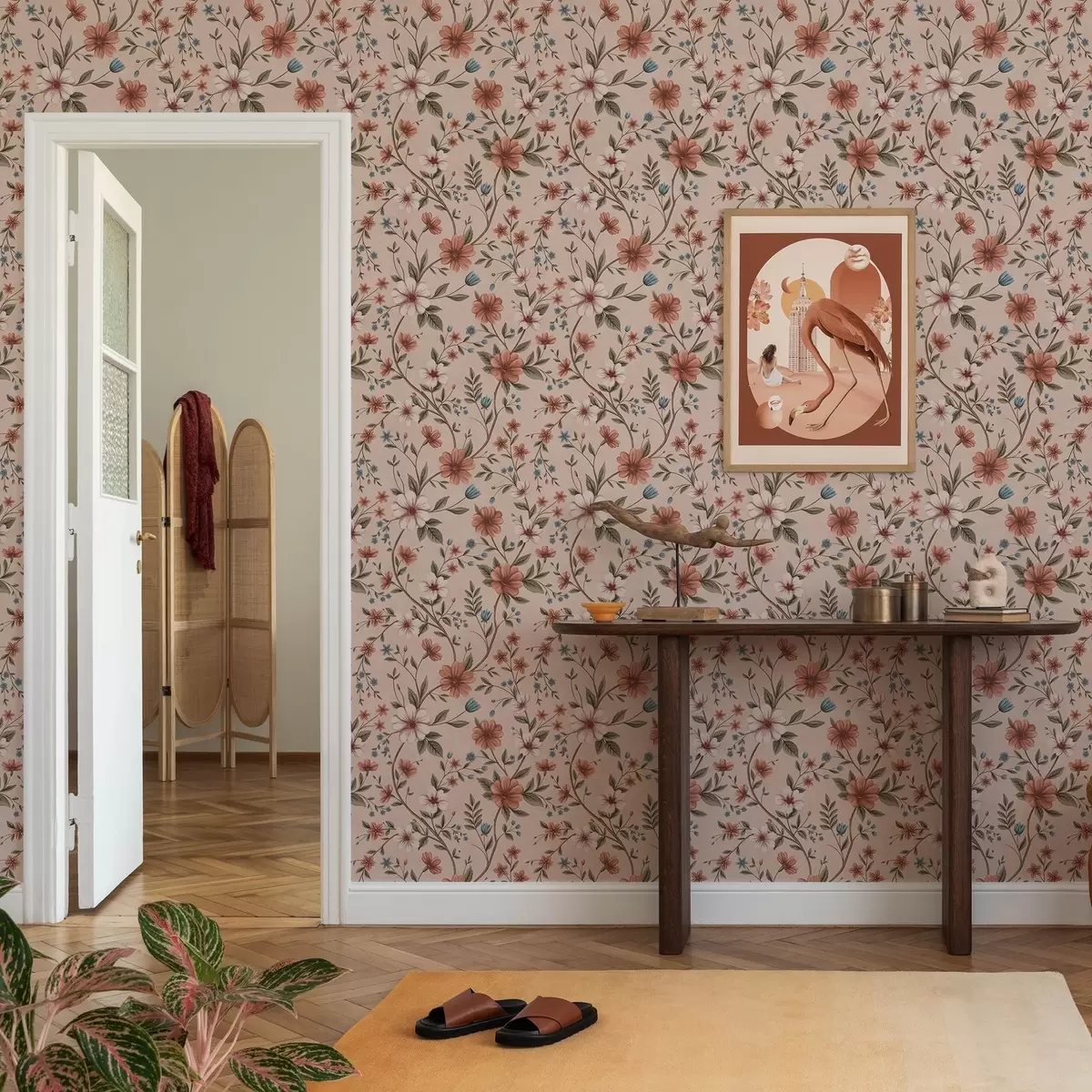 Wallpaper Flori și frunze de culoare roz-coral pe fond roz prăfuit a00667
