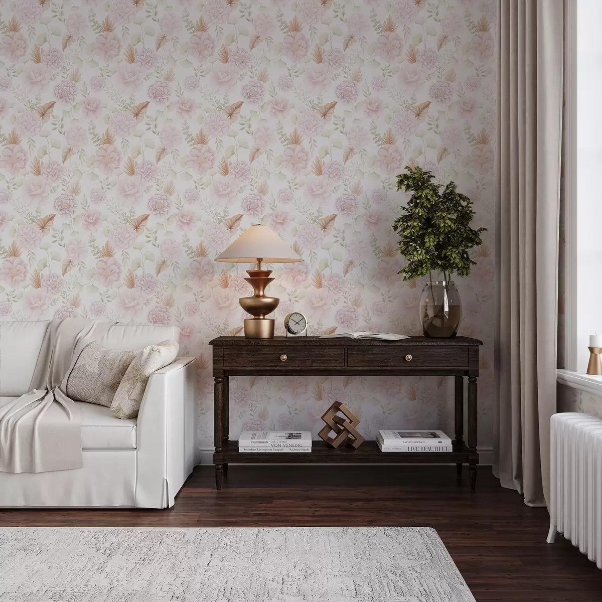 Wallpaper Bujori și frunze în culori pastelate delicate pe fond alb a00669