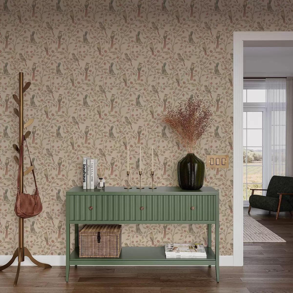 Wallpaper Păsări pe ramuri înflorite, fundal bej cald a00670