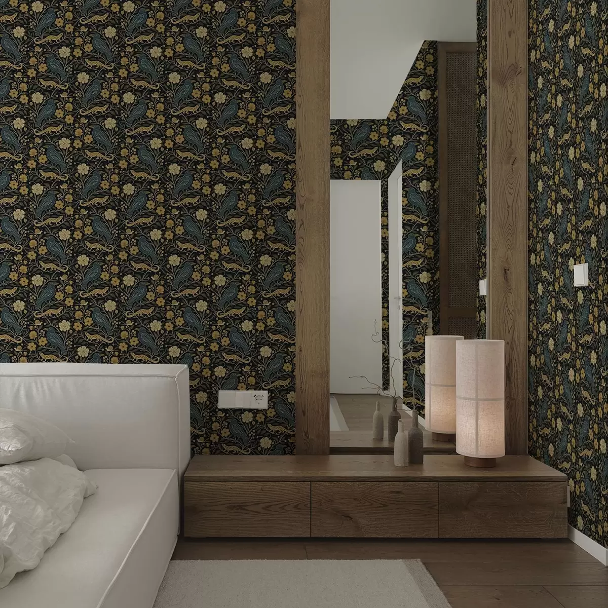 Wallpaper Păsări, șopârle și melci printre flori pe un fundal întunecat a00691