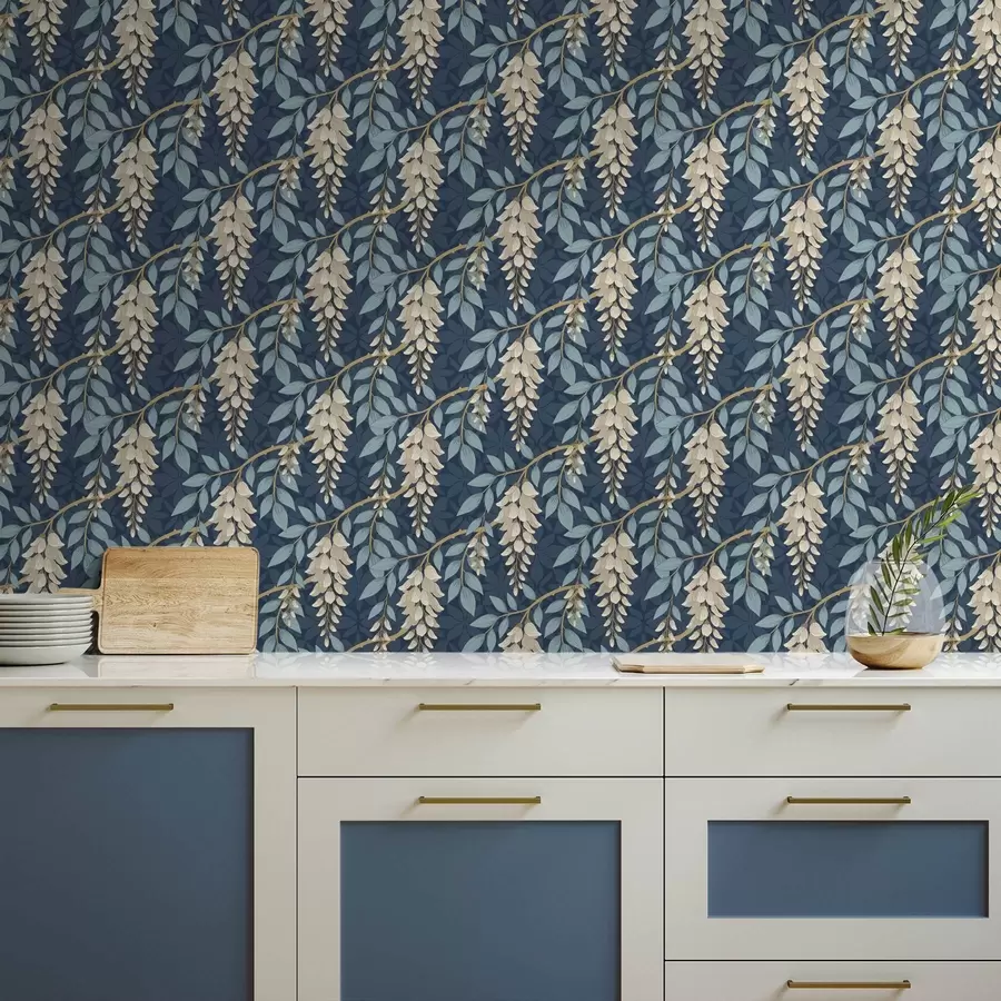 fototapet Glicină cu frunze albastre pe fond albastru închis a00694v2