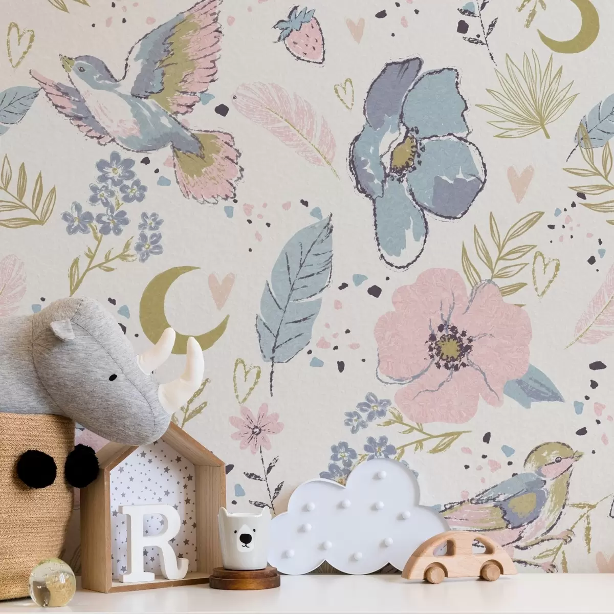 Wallpaper Păsări și flori pastelate cu semilune pe fond alb a00721