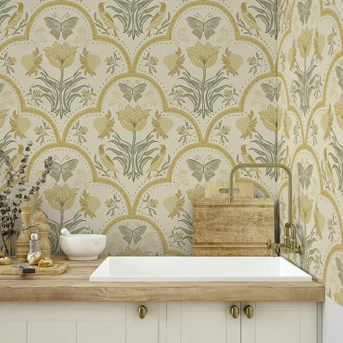 Wallpaper Ornament cu lalea, păsări și fluturi, ocru a00722