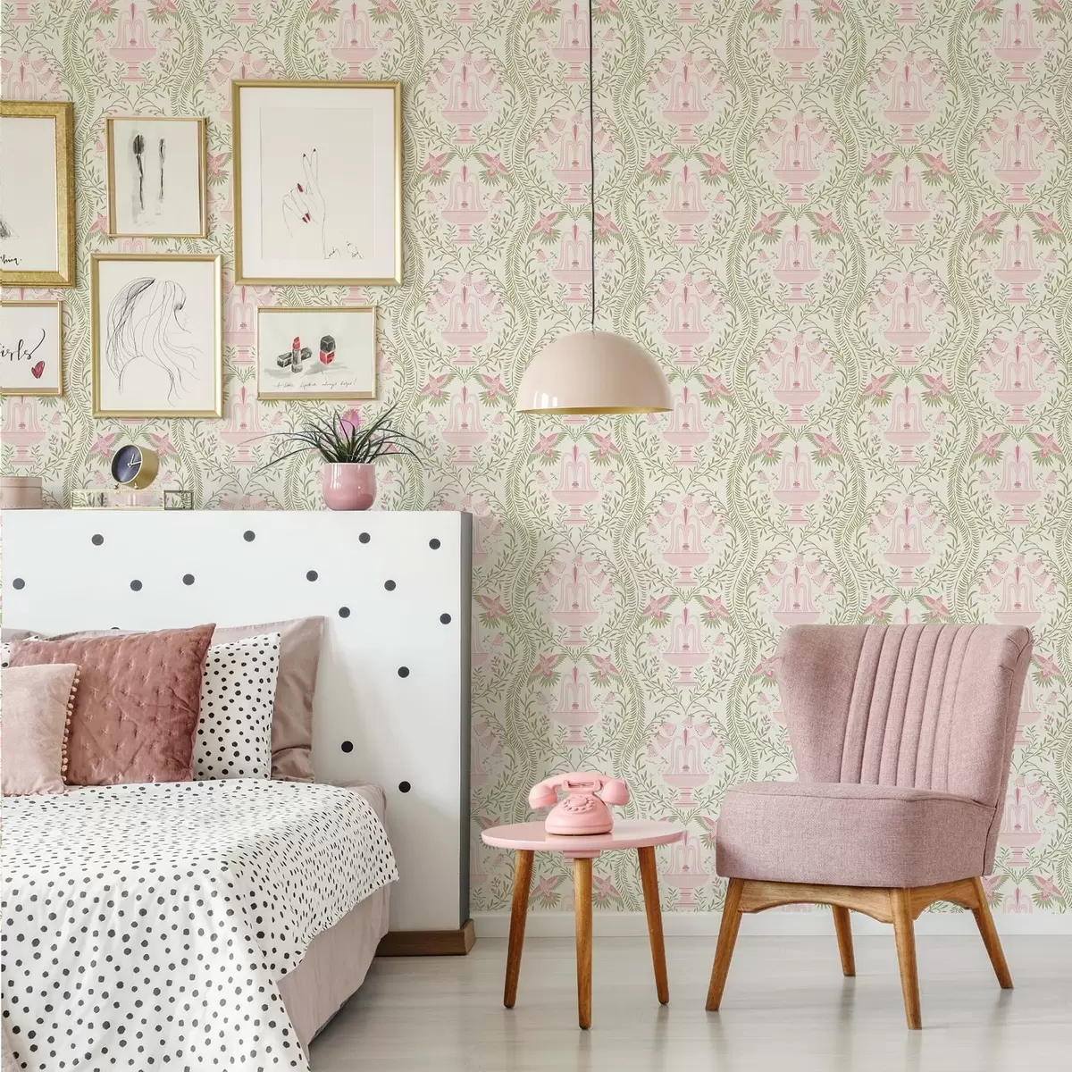 Wallpaper Fântâni, colibri și volute verzi pe un fundal deschis a00723