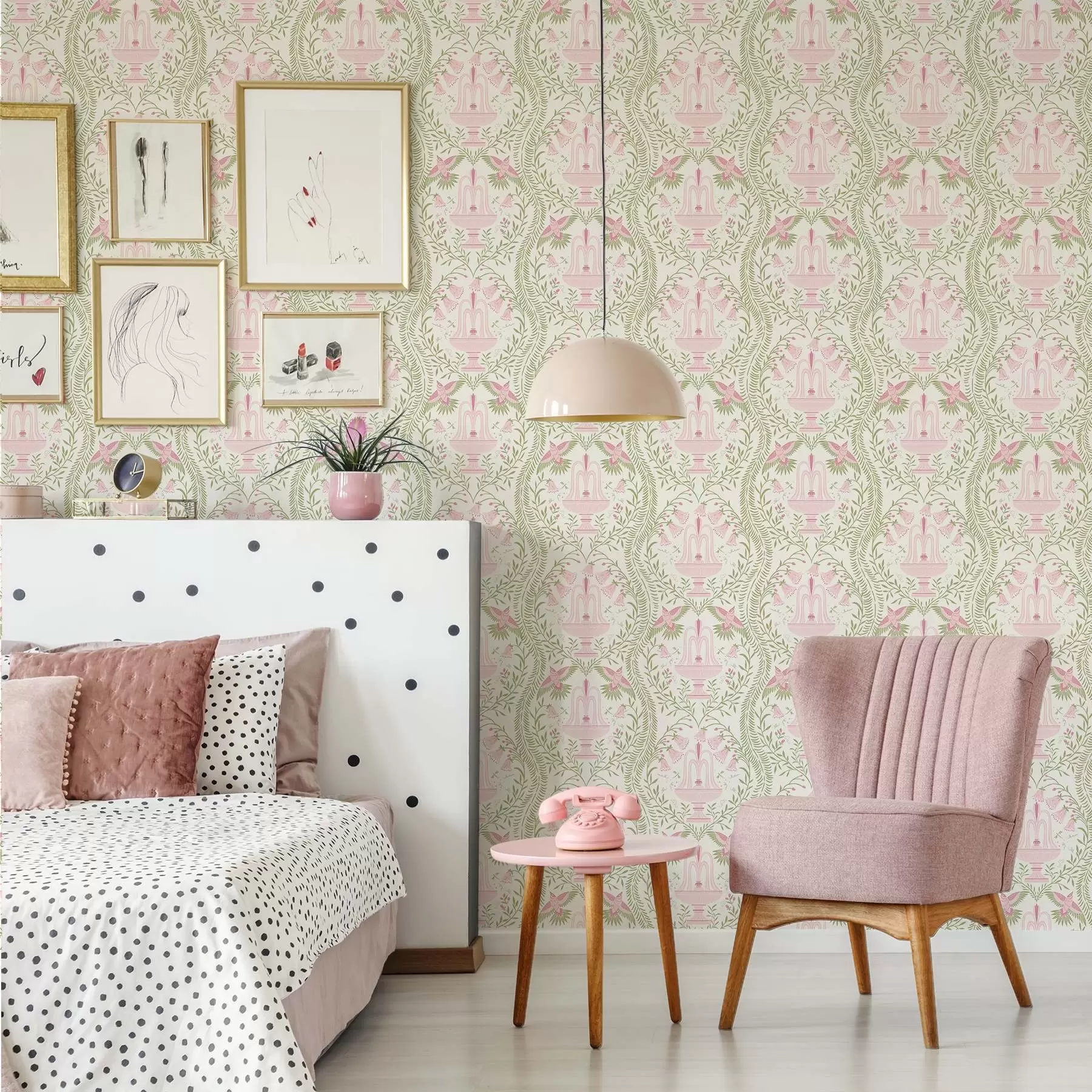 fototapet Fântâni, colibri și volute verzi pe un fundal deschis a00723