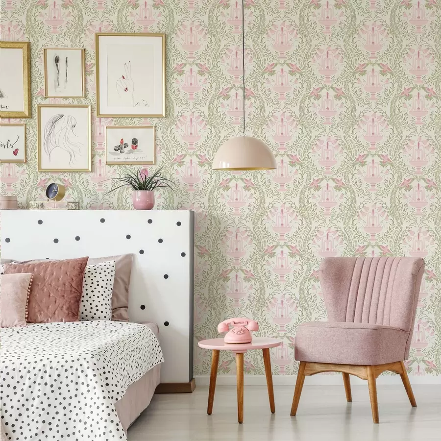 fototapet Fântâni, colibri și volute verzi pe un fundal deschis a00723