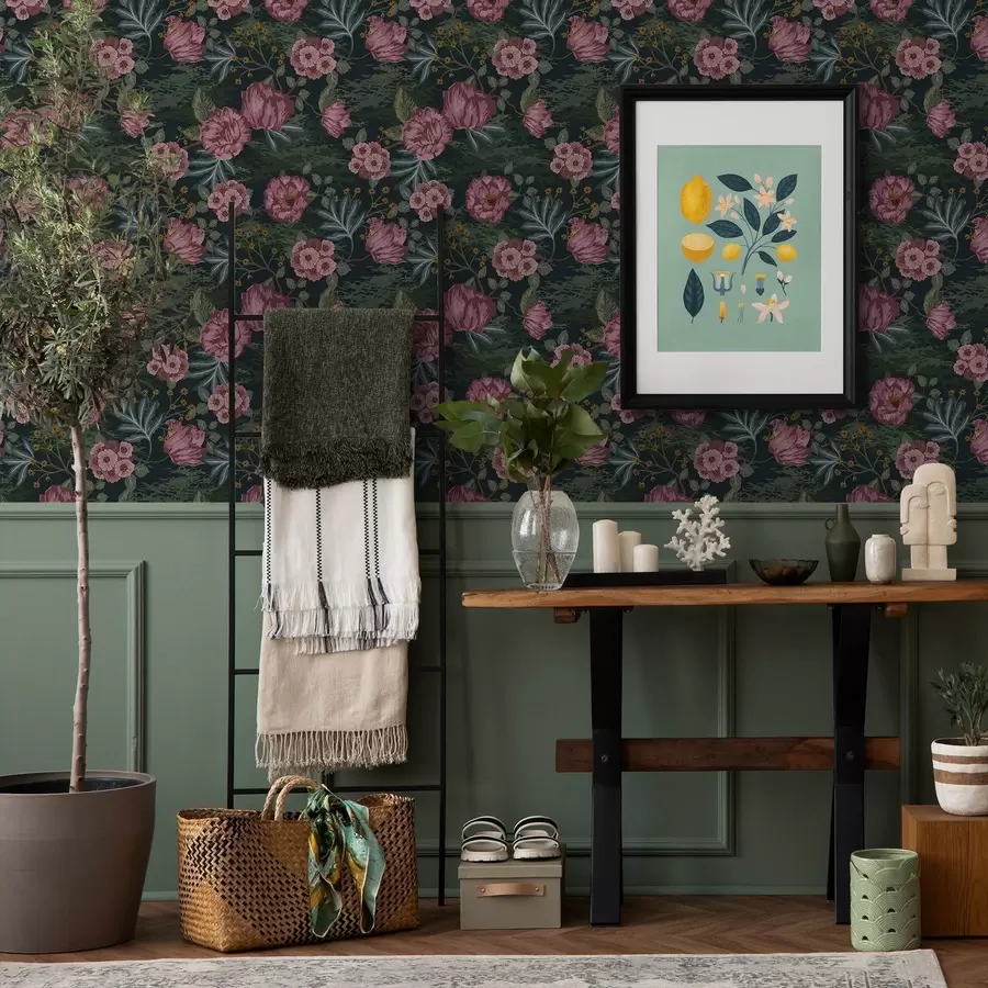 fototapet Floră întunecată cu flori și frunze roz, fundal intens a00724