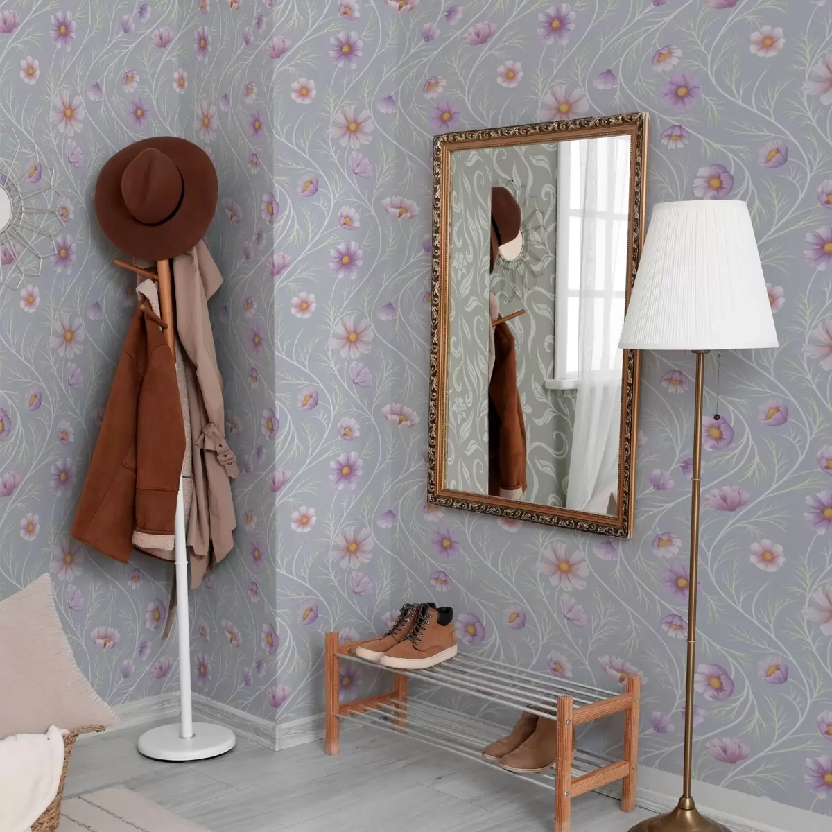 Wallpaper Cosmos roz și tulpini subțiri pe fond gri a00791