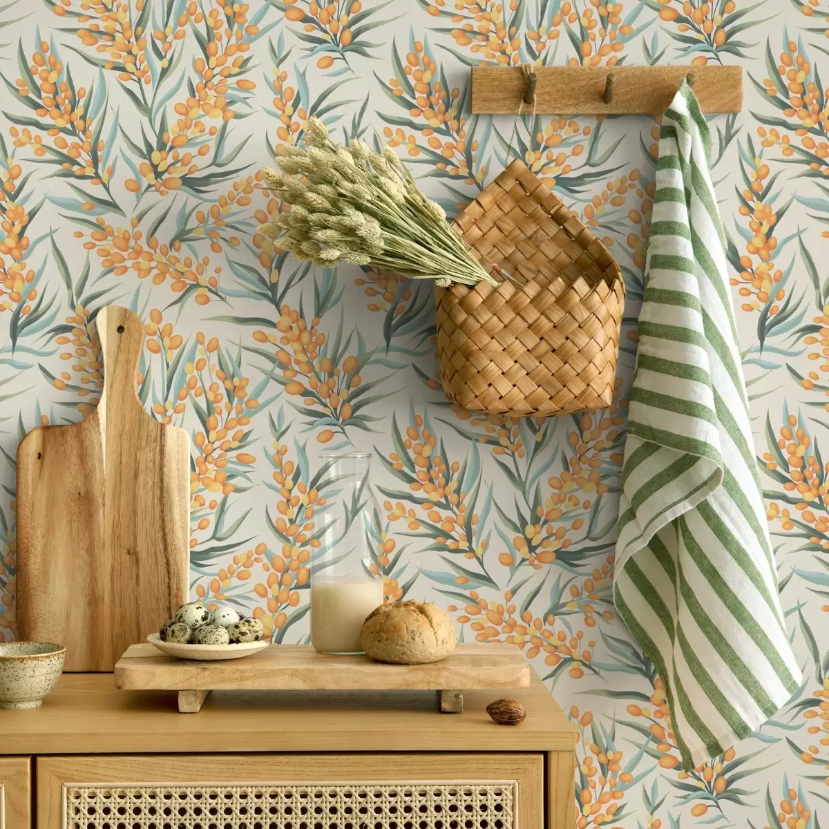 Wallpaper Ramuri de cătină cu fructe portocalii, fundal deschis a00792