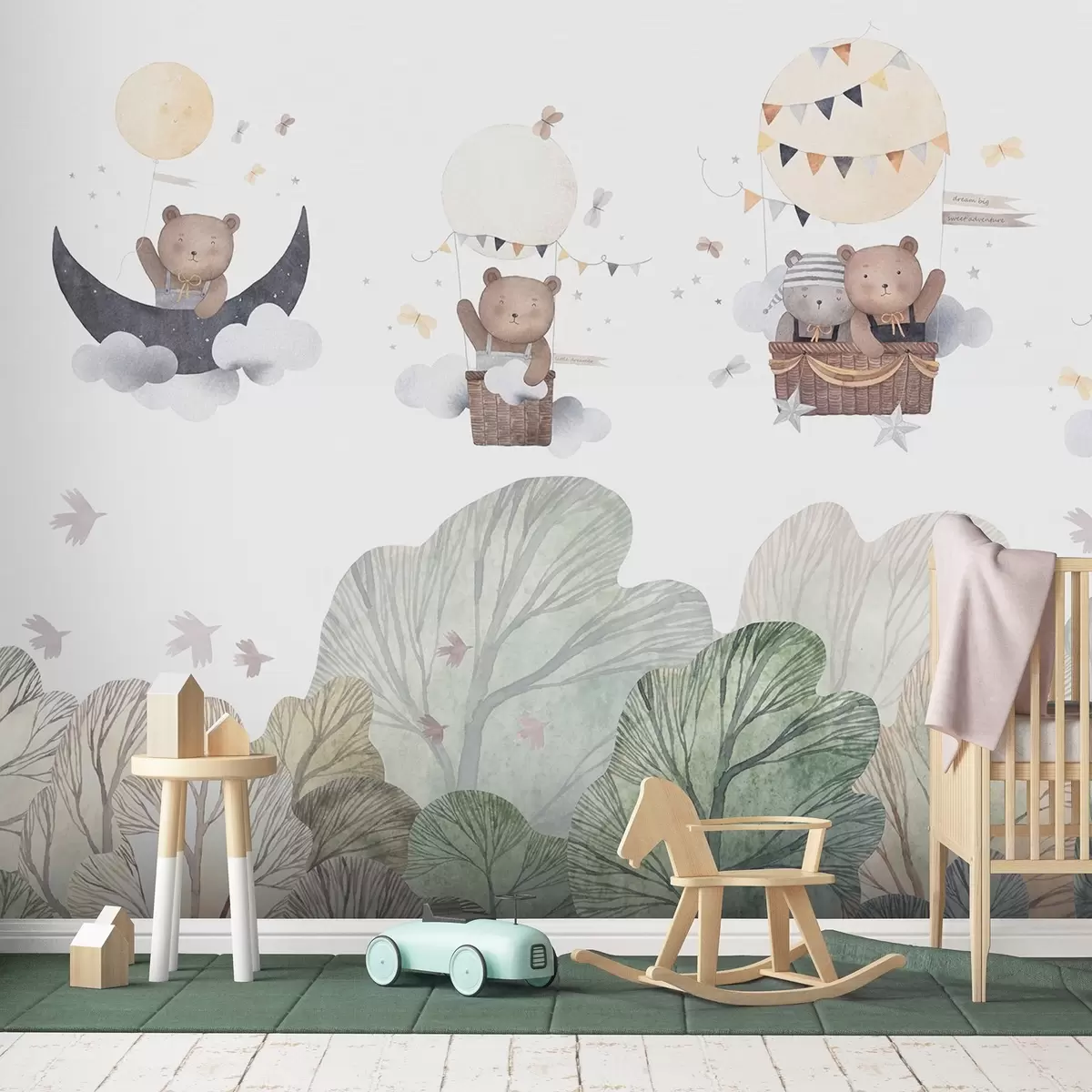 fototapet Baloane în stil acuarelă cu urși deasupra pădurii w09437