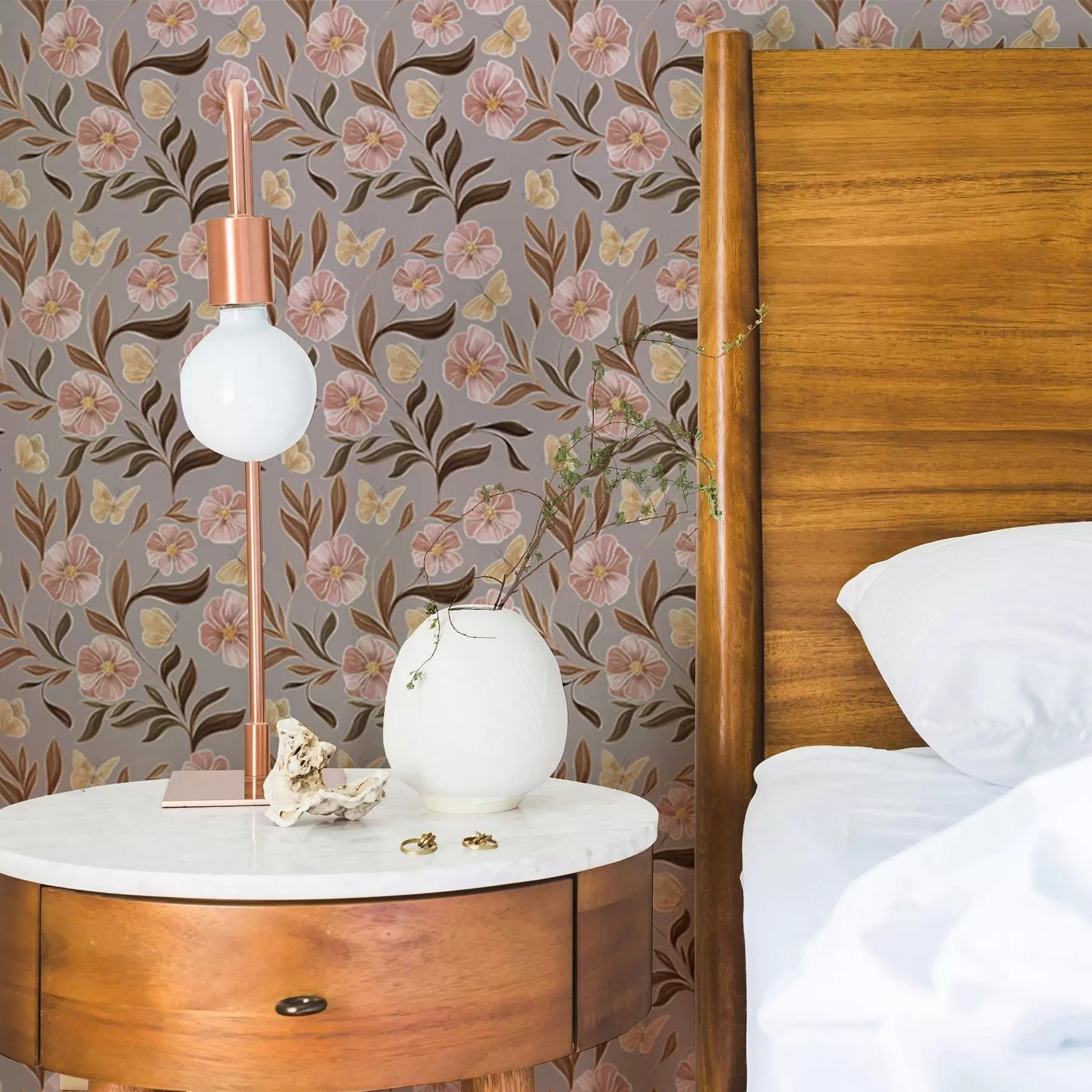 fototapet Flori roz și fluturi pe un fundal gri-bej a00633