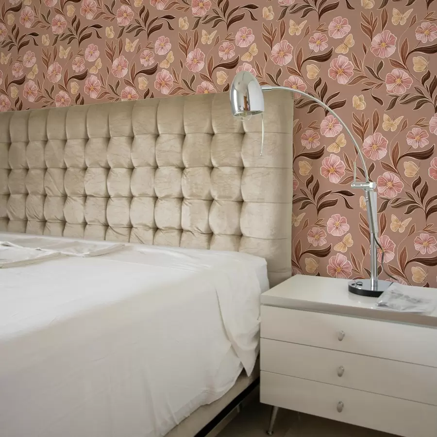 fototapet Flori roz și fluturi pe un fundal maro cald a00633v1