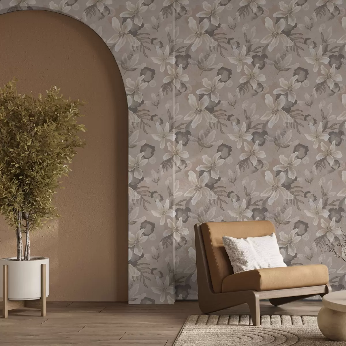 Wallpaper Flori mari de culoare bej cu pete abstracte de acuarelă a00635