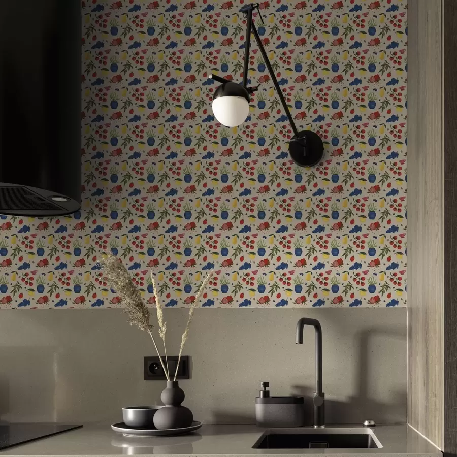 fototapet Model vibrant cu fructe, ramuri și vaze a00637