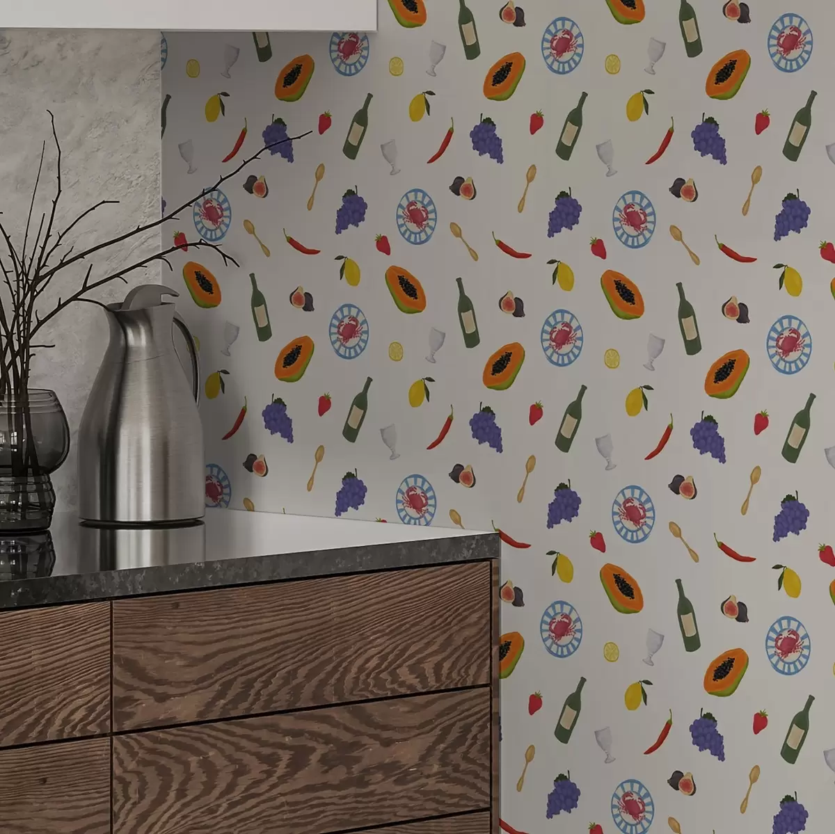 Wallpaper Fructe aranjate, vin și condimente pe un fundal deschis a00639