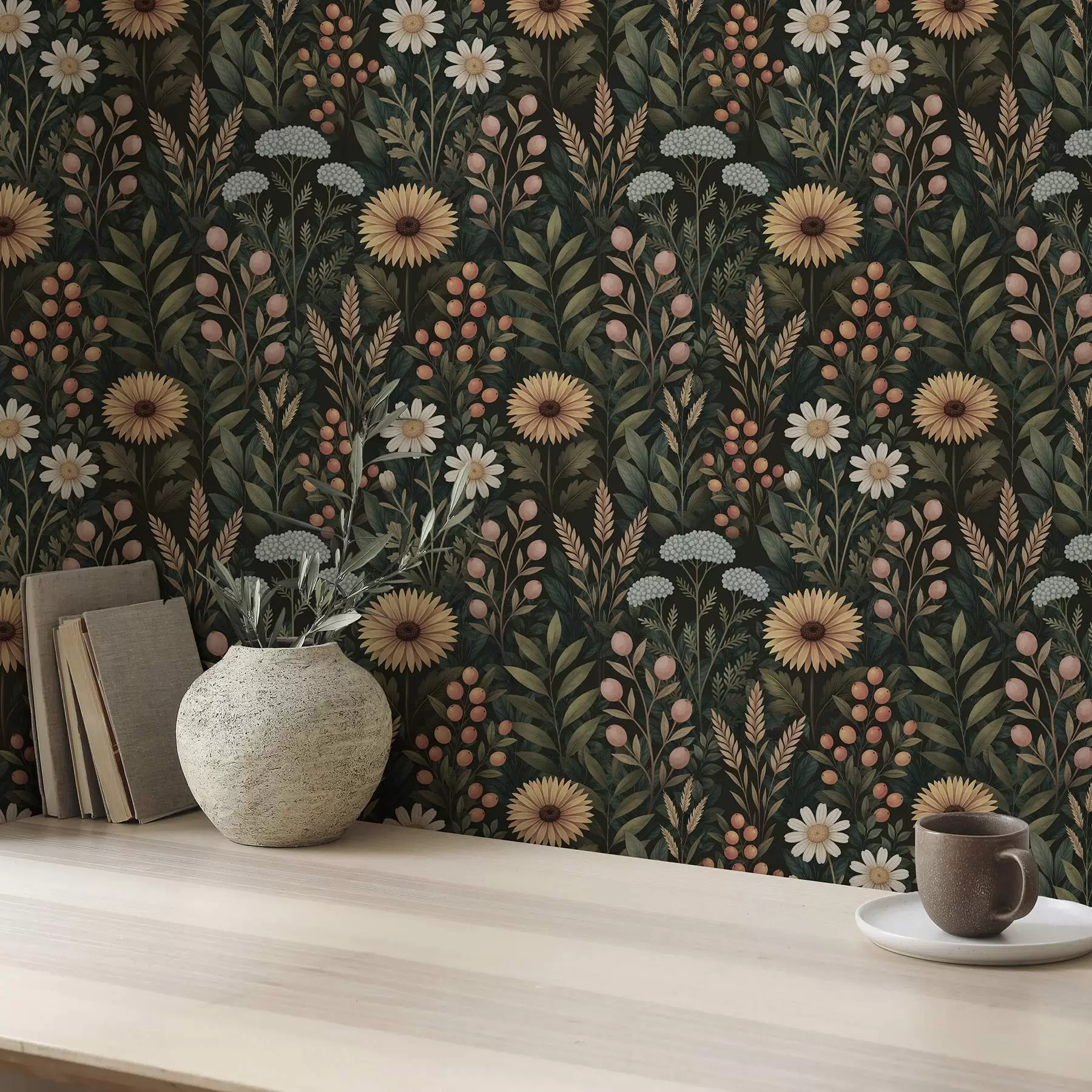 fototapet Flori sălbatice și fructe de pădure pe un fundal întunecat, ornament natural a00707