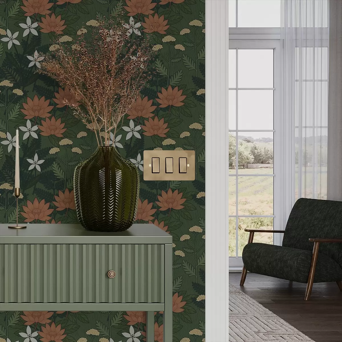 Wallpaper Flori mari printre frunzișul verde, compoziție decorativă a00708