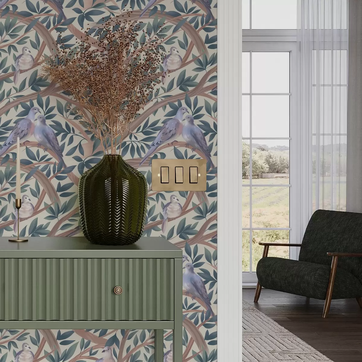 Wallpaper Porumbei printre ramuri și frunze într-o paletă pastelată delicată a00796