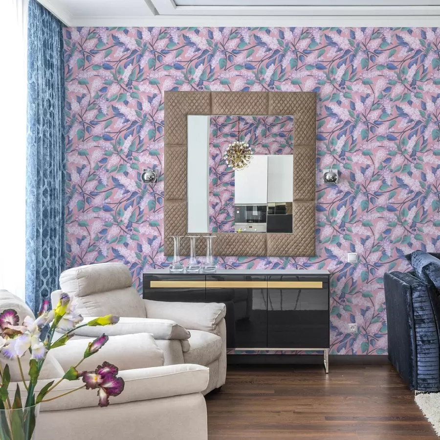 fototapet Flori delicate de liliac pe fond roz, atmosferă de primăvară a00797