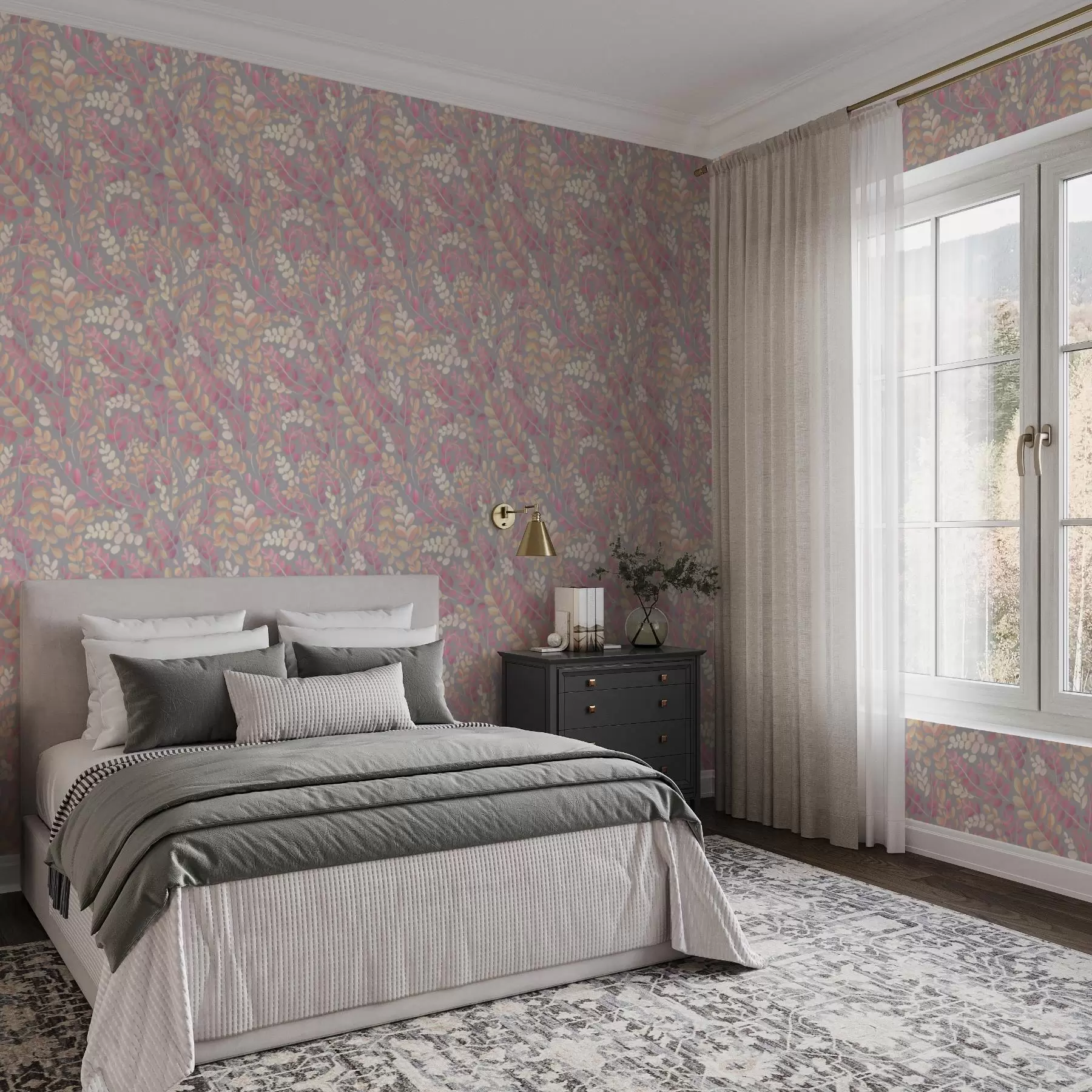 fototapet Ramuri pastelate cu frunziș roz-piersic pe fundal gri a00799v1