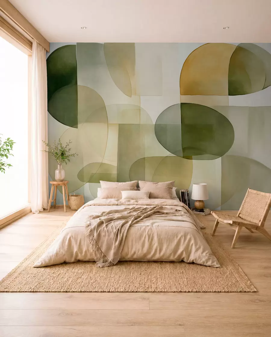 fototapet Forme abstracte texturate în nuanțe de verde și galben, tonuri discrete, compoziție minimalistă, fundal neutru w09467