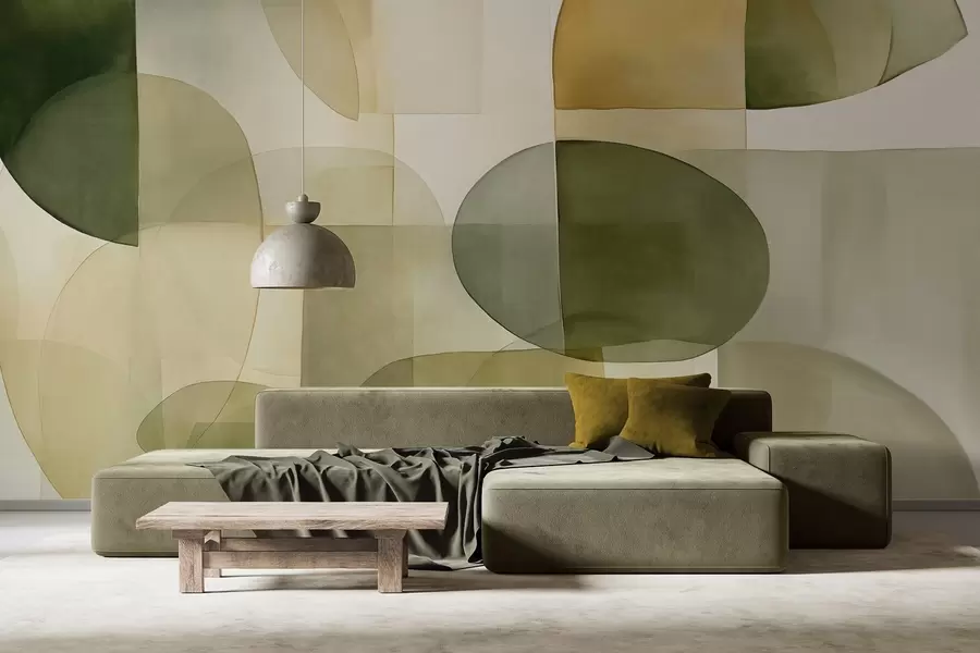 fototapet Forme abstracte texturate în nuanțe de verde și galben, tonuri discrete, compoziție minimalistă, fundal neutru w09467