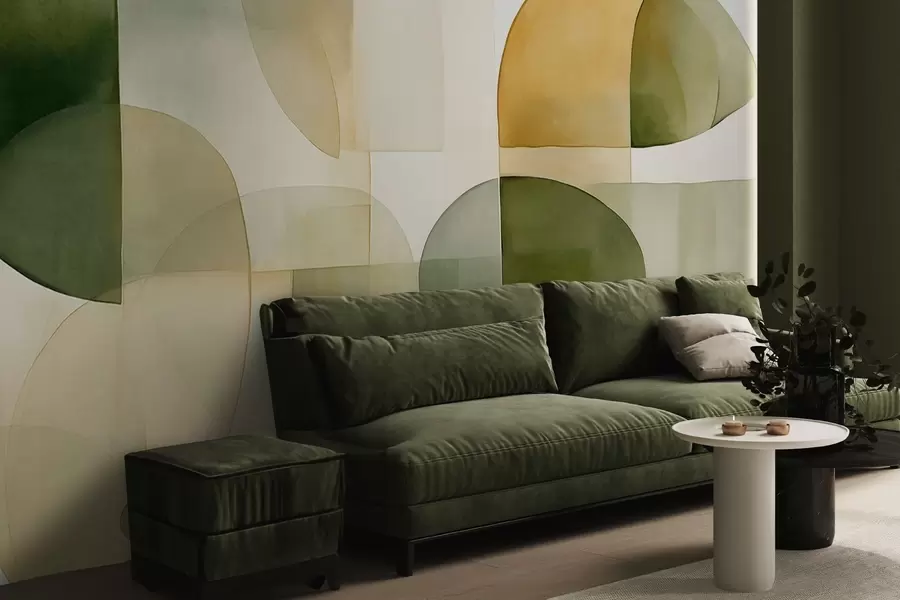 fototapet Forme abstracte texturate în nuanțe de verde și galben, tonuri discrete, compoziție minimalistă, fundal neutru w09467