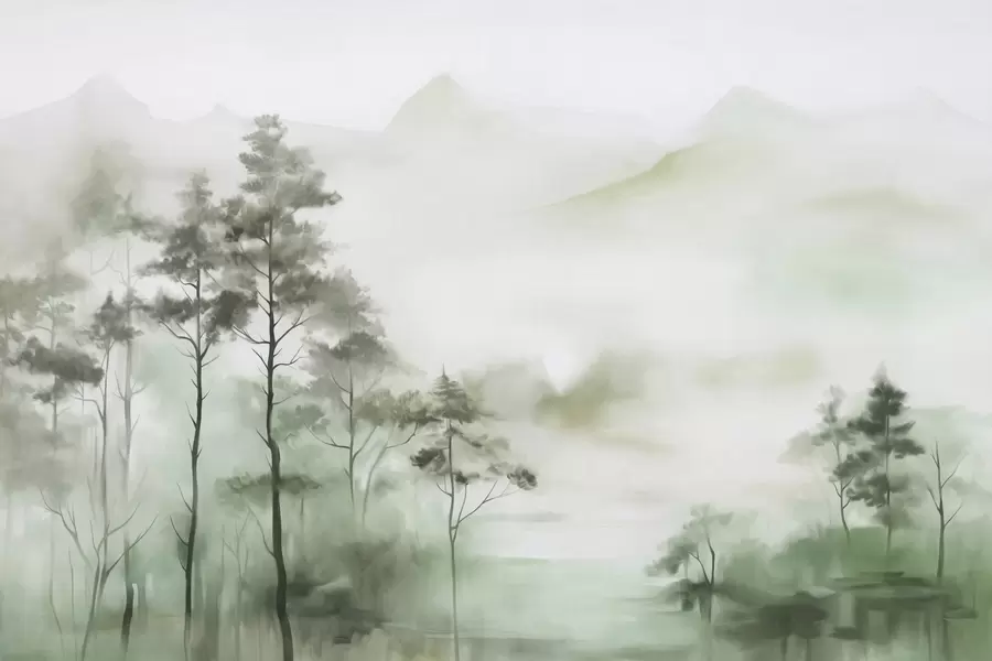 fototapet Peisaj încețoșat cu copaci înalți și munți în tonuri discrete de verde și gri, stil minimalist, texturat w09469