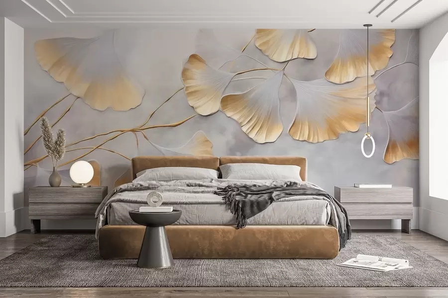 fototapet Frunze de Ginkgo biloba cu margini galbene pe o ramură, fundal texturat gri, design elegant și minimalist w09472