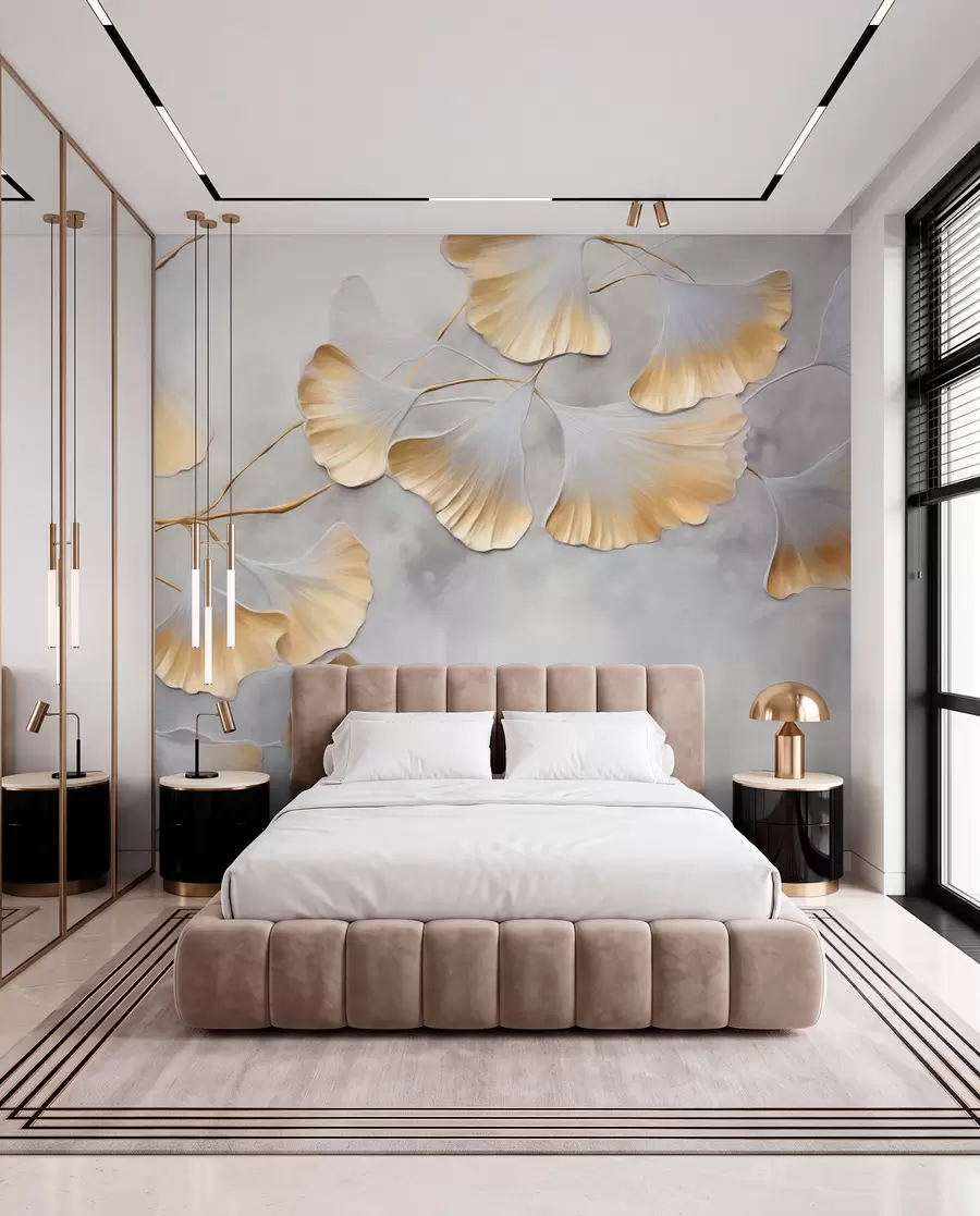 fototapet Frunze de Ginkgo biloba cu margini galbene pe o ramură, fundal texturat gri, design elegant și minimalist w09472