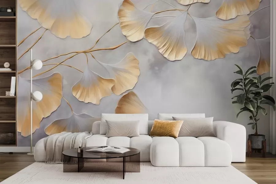 fototapet Frunze de Ginkgo biloba cu margini galbene pe o ramură, fundal texturat gri, design elegant și minimalist w09472
