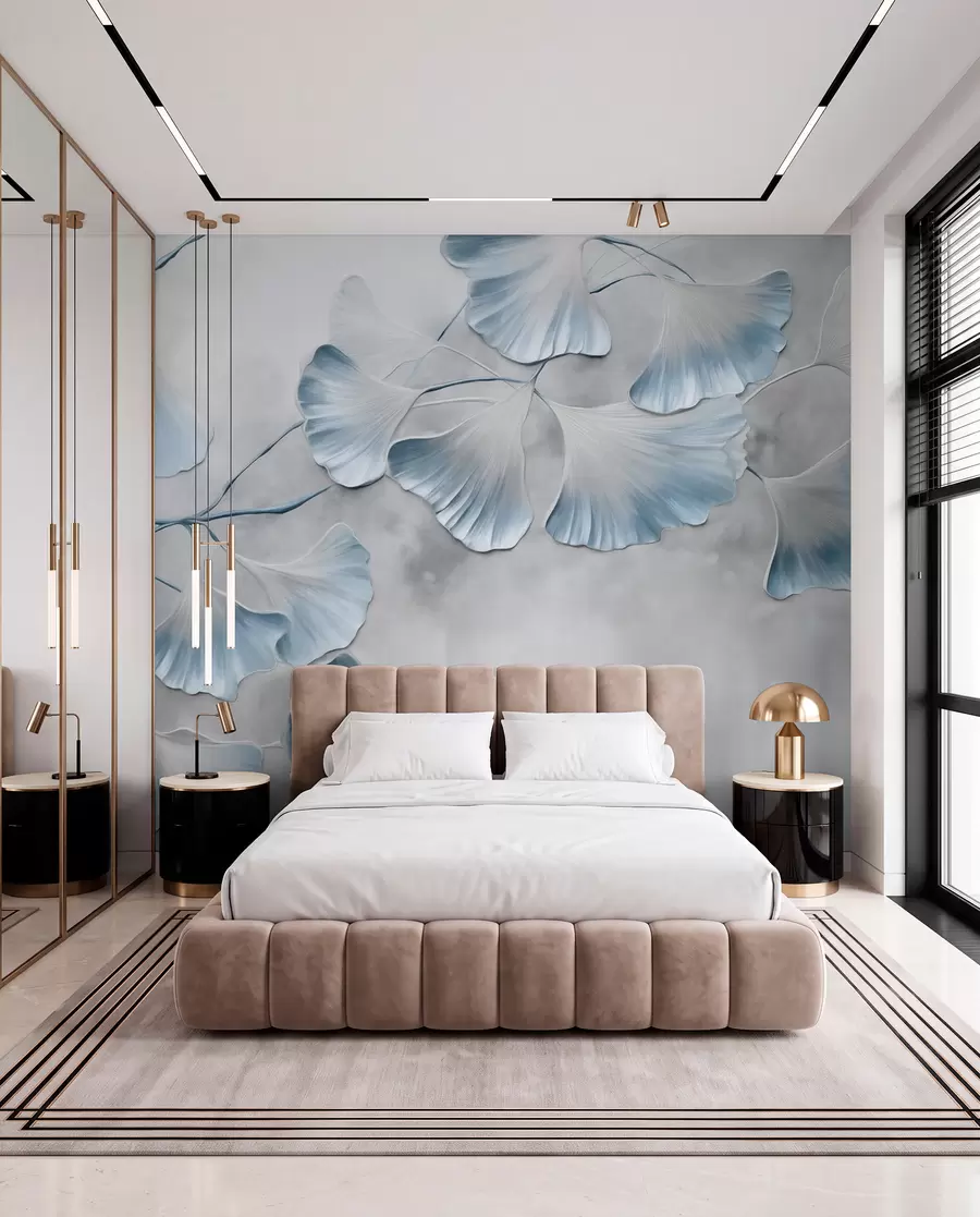 fototapet Frunze de Ginkgo biloba cu margini albastre pe o ramură, fundal texturat gri, design elegant și minimalist w09472v1